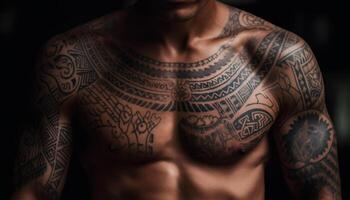 Muscular man with tattoo showcases strength and creativity generated by AI photo