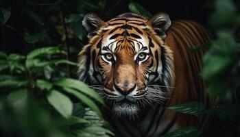 Bengal tiger staring, close up portrait in wilderness generated by AI photo