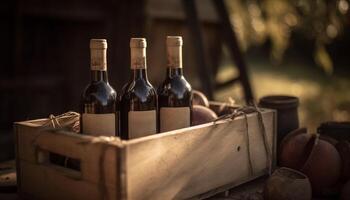 vino botella colección en rústico lagar mesa generado por ai foto