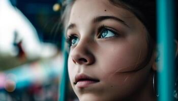 linda caucásico niña mirando mediante mojado ventana al aire libre generado por ai foto