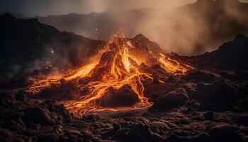 ardiente montaña entra en erupción, fumar y ceniza llenar cielo generado por ai foto
