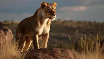 majestuoso leona descansando en el africano sabana generado por ai foto