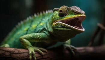 Green lizard on branch, close up portrait generated by AI photo