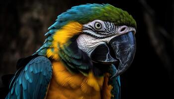 Vibrant macaw perched on branch in rainforest generated by AI photo