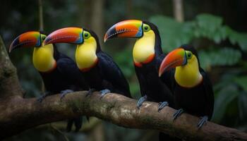 Vibrant macaws perched on branch in forest generated by AI photo