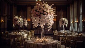 Luxury wedding celebration illuminated by chandelier flame generated by AI photo