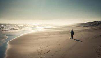 Silhouette of one person walking on sand dune generated by AI photo
