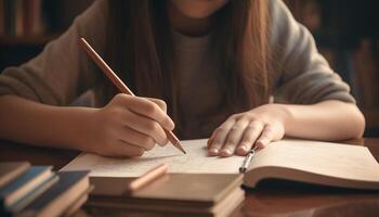 caucásico niña estudiando a escritorio con libro generado por ai foto