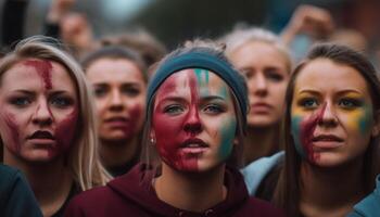 Smiling fans paint faces, cheering for soccer team generated by AI photo