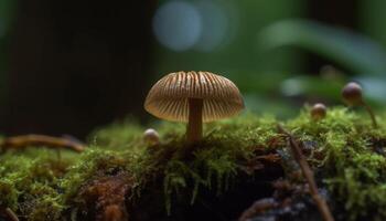 Fresco crecimiento de mosca agárico seta en bosque generado por ai foto