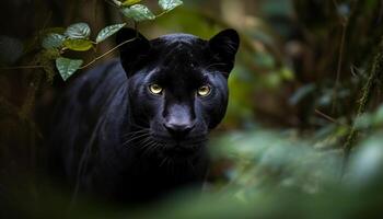 Feline staring, walking in forest, nature beauty generated by AI photo