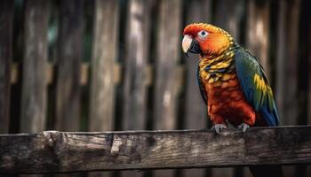 Vibrant macaw perched on branch in nature generated by AI photo