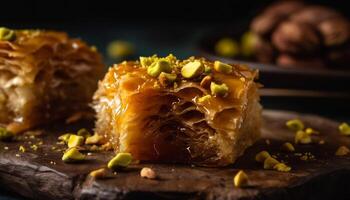 Baked baklava with walnut, hazelnut, and honey generated by AI photo