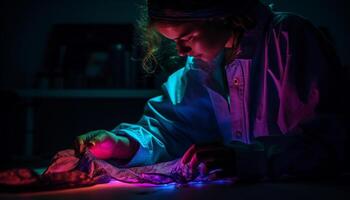 Craftspeople working with equipment in dark workshop generated by AI photo