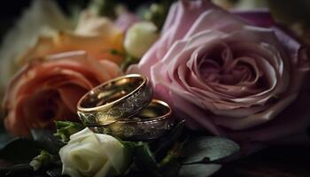 recién casado Pareja celebra amor con oro anillos generado por ai foto