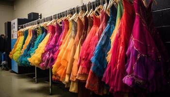 multi de colores vestidos colgando en moderno ropa Tienda generado por ai foto