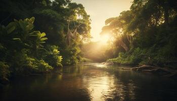 Tranquil scene of a green forest pond generated by AI photo