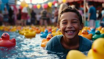 Smiling children playing with multi colored inflatable toys generated by AI photo