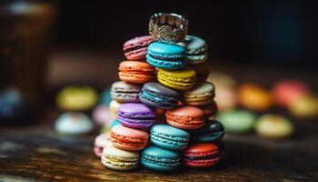 Multi colored macaroons stacked on rustic wood table generated by AI photo