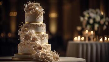 Luxury wedding cake illuminated by candlelight generated by AI photo