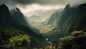 Mountain peak rises above foggy forest landscape generated by AI photo