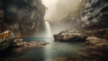 majestuoso montaña rango, tranquilo barranco fluido agua generado por ai foto