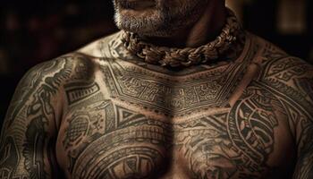 Inked torso adorned with intricate cultural patterns generated by AI photo