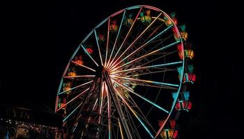 hilado rueda de alegría, carnaval vibrante resplandor generado por ai foto
