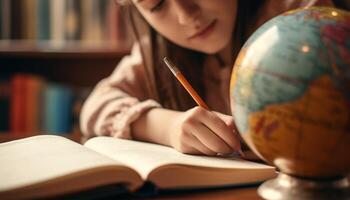 caucásico niña estudiando a escritorio en salón de clases generado por ai foto