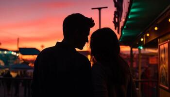 joven Pareja abrazando en retroiluminado puesta de sol silueta generado por ai foto