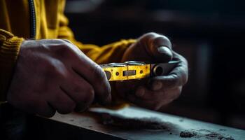 Carpenter hand holds measuring tool on plank generated by AI photo