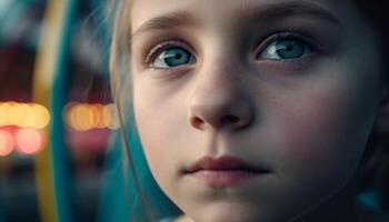 azul ojos niña sonriente al aire libre, radiante inocencia y alegría generado por ai foto