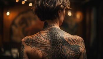 oscuro elegancia tatuado mujer abrazo creatividad adentro generado por ai foto