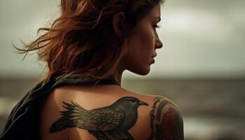 joven mujer con tatuaje disfruta naturaleza al aire libre generado por ai foto