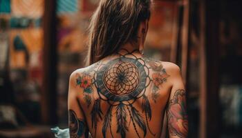 joven mujer tatuando, creatividad en juventud cultura generado por ai foto