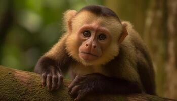 Young macaque sitting in tropical rainforest tree generated by AI photo