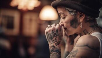 sonriente mujer sostiene tatuaje, ciudad vida creatividad generado por ai foto