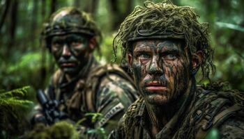 Ejército soldados en camuflaje lucha en naturaleza campo de batalla generado por ai foto