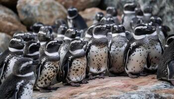 pequeño grupo de linda pingüinos en pie en nieve generado por ai foto