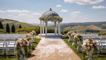 Green chairs on grass, flowers decorate table generated by AI photo