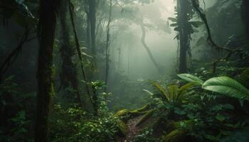 un misterioso niebla obenques el escalofriante bosque generado por ai foto