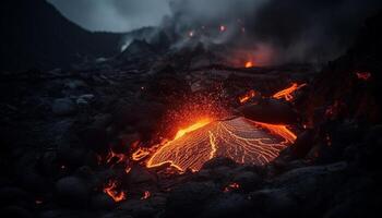 ardiente montaña entra en erupción, fluido lava destruye paisaje generado por ai foto