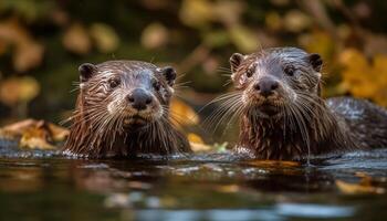 Cute beaver kit swimming in green pond generated by AI photo