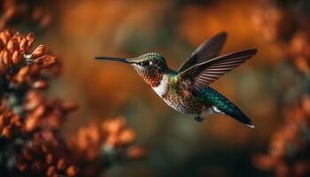 Hummingbird hovering, iridescent feathers spread wings mid air generated by AI photo