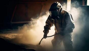 metal industria trabajador aerosoles protector traje a noche generado por ai foto