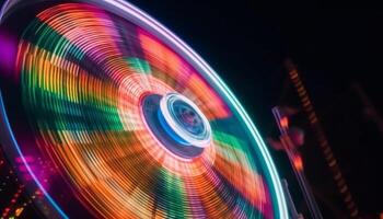 Blurred motion, vibrant colors, spinning wheel, illuminated generated by AI photo