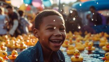 sonriente niños jugando con vistoso globos al aire libre generado por ai foto