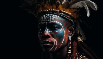 Indigenous beauty in traditional headdress and face paint generated by AI photo