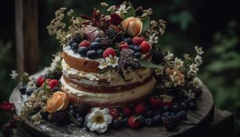 Whipped cream and berries adorn homemade cheesecake generated by AI photo