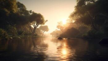 Sunset over tranquil pond, reflecting autumn beauty generated by AI photo